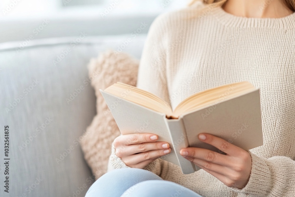 A woman in a beige cardigan enjoys reading a book by the window on a cool gray couch with soft pillows A woman in a beige cardigan enjoys reading a book by the window on a cool gray couch with soft pillows