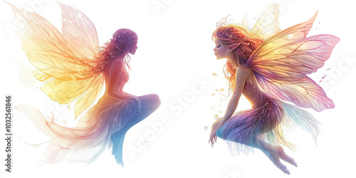 ethereal fairy characters with colorful wings and serene expressions transparent background