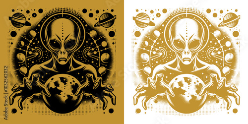 a scary alien with a planet vintage retro design