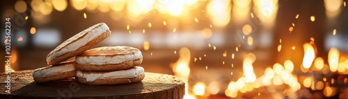 Delicious cookies resting on a wooden surface, warm glow captured from a fire in the background. photo