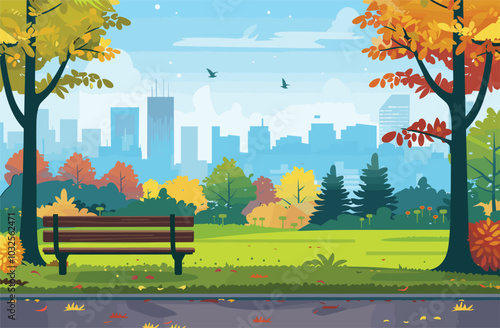 City summer park with green trees bench,Vector illustration of bench and streetlight in city park, A flat vector of a city park.