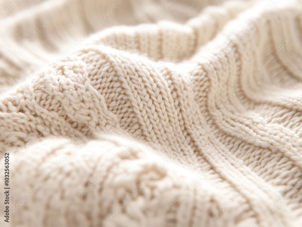 Soft beige knitted fabric with intricate patterns, creating a warm and cozy texture, perfect for autumn attire. Soft beige knitted fabric with intricate patterns, creating a warm and cozy texture, perfect for autumn attire.