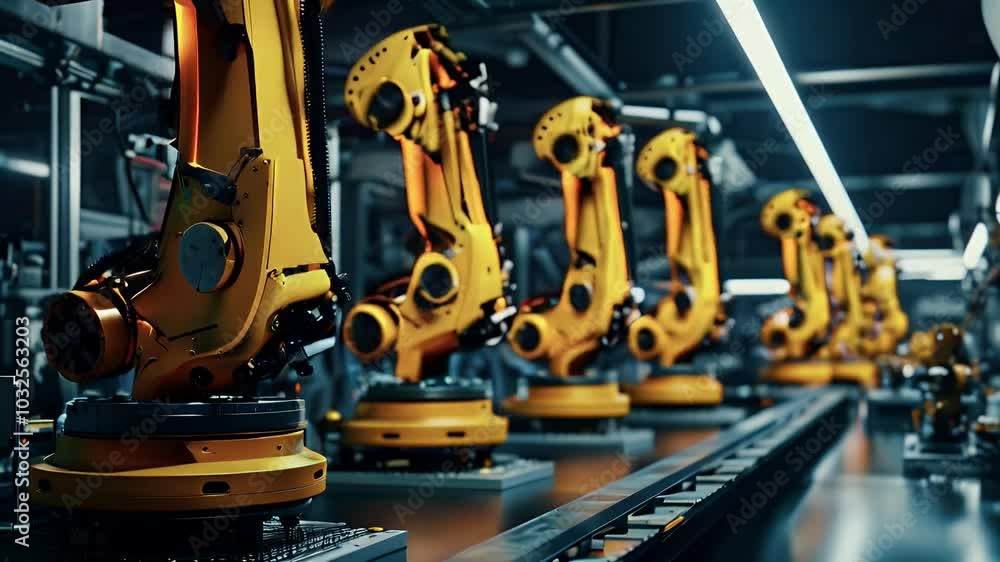 Close-up of industrial robot arms on a production line. Close-up of industrial robot arms on a production line.