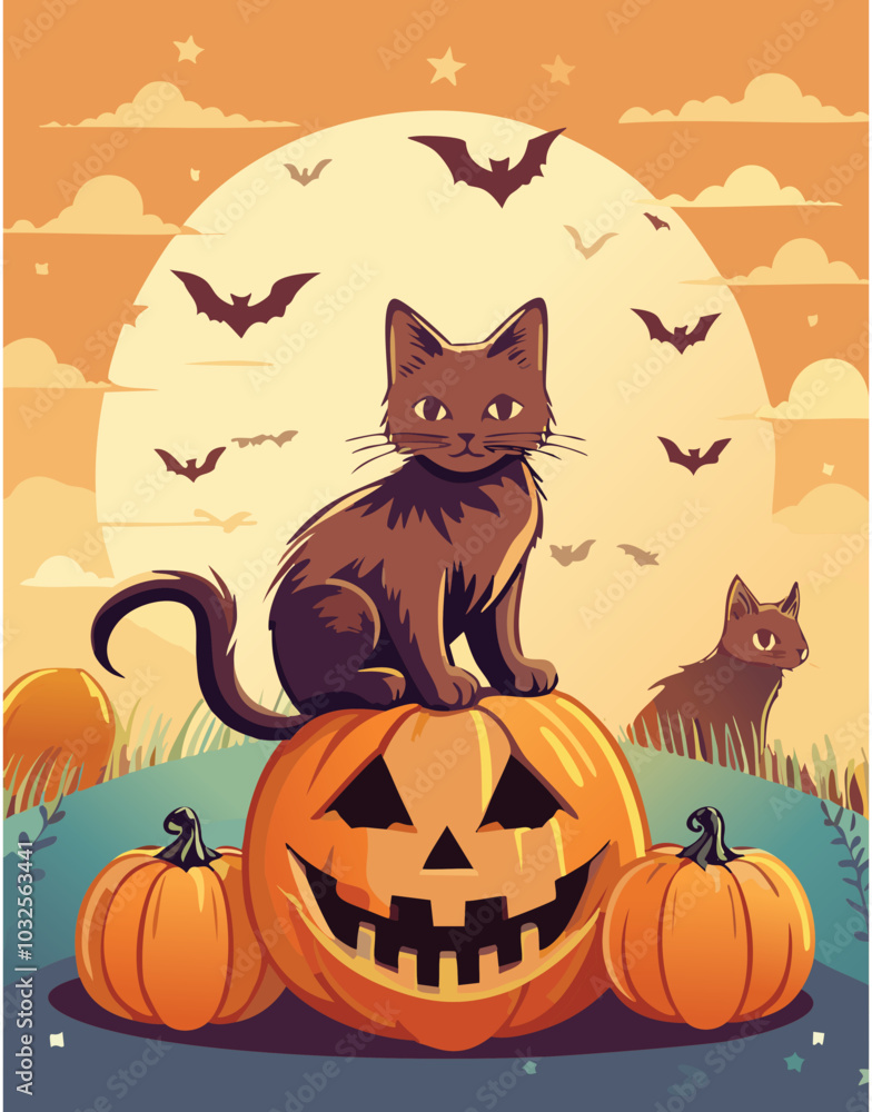Vector graphic scary halloween pumpkins in rural scene with cats kittens Vector graphic scary halloween pumpkins in rural scene with cats kittens