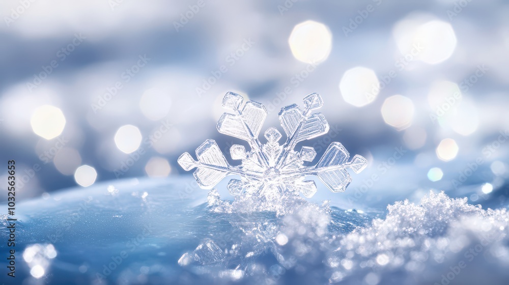 A beautiful close-up of a delicate snowflake resting on a frosty surface, sparkling in natural light.