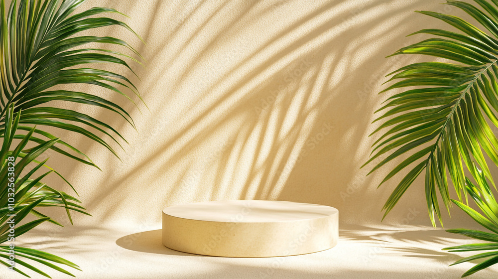 Minimalist Beige Podium with Palm Leaf Shadows for Product Display Minimalist Beige Podium with Palm Leaf Shadows for Product Display