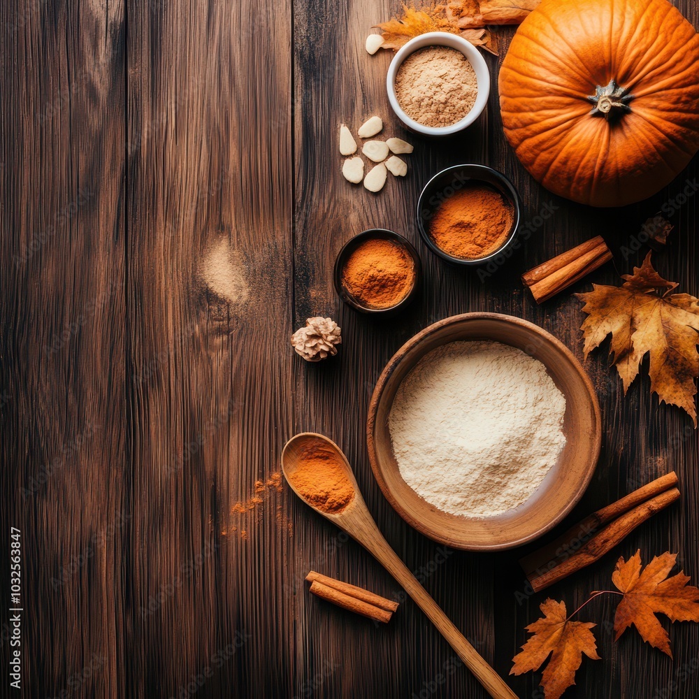 A flat lay of pumpkin, spices, and ingredients on a wooden table, perfect for autumn baking. A flat lay of pumpkin, spices, and ingredients on a wooden table, perfect for autumn baking.