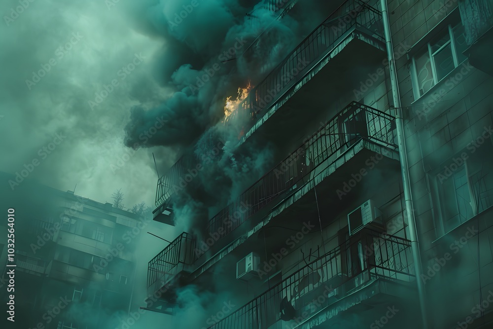 Dramatic Scene of a Building Fire with Thick Smoke and Flames Erupting from a Balcony Dramatic Scene of a Building Fire with Thick Smoke and Flames Erupting from a Balcony