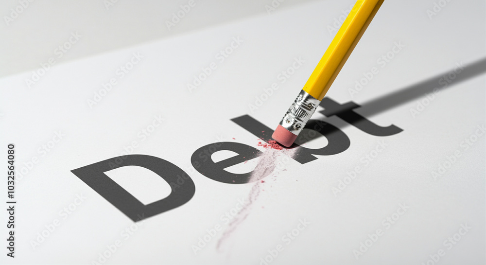 Pencil eraser removing debt text on paper with focus on financial issues and solutions Pencil eraser removing debt text on paper with focus on financial issues and solutions