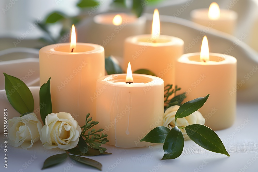 Serene Candle Arrangement with Fresh Flowers and Greenery Serene Candle Arrangement with Fresh Flowers and Greenery