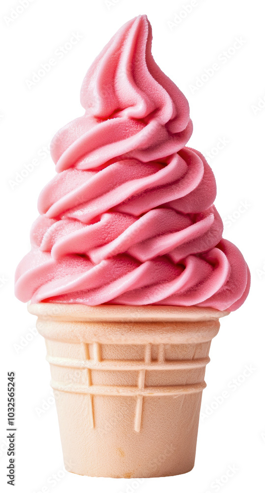 Soft serve pink ice cream in a cone on a sunny day isolated on transparent background Soft serve pink ice cream in a cone on a sunny day isolated on transparent background
