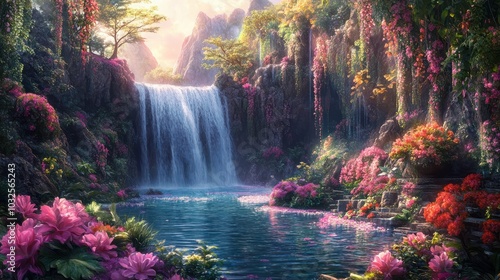 Fototapeta Naklejka Na Ścianę i Meble -  A beautiful paradise land full of flowers, rivers and waterfalls, a blooming and magical idyllic Eden garden.