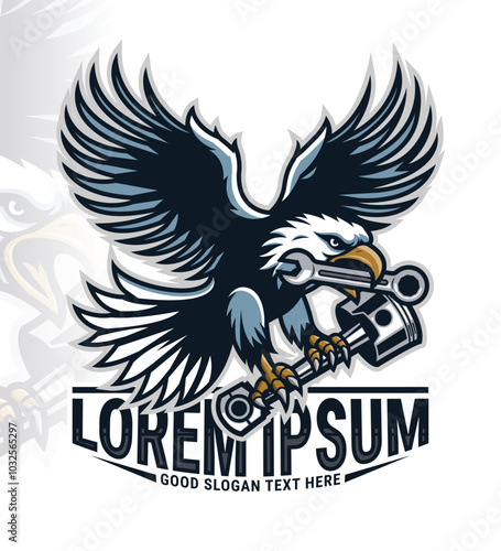 Racing workshop logo with flying eagle bird, wrench on beak and piston engine on claw, race team logo