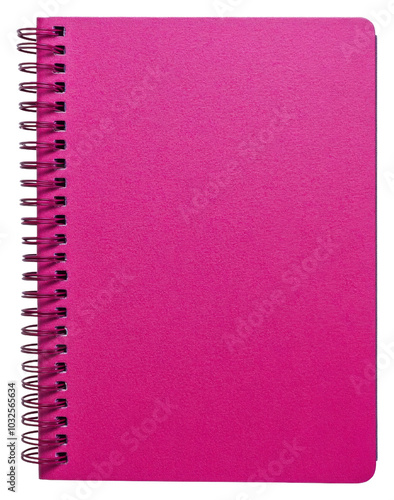 Bright pink spiral notebook on a white background isolated on transparent background