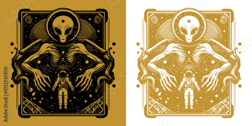 scary alien and a astronaut in the space card vintage design