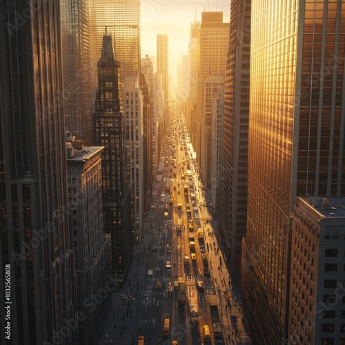 A vibrant cityscape at sunset captures the essence of urban life. Skyscrapers tower over busy streets filled with cars. The warm glow enhances the scene. AI