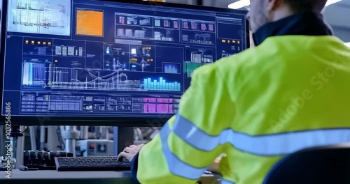 An operator engineer using a Scada system, he is typing on a keyboard and staring at a monitor on which graphs show important information