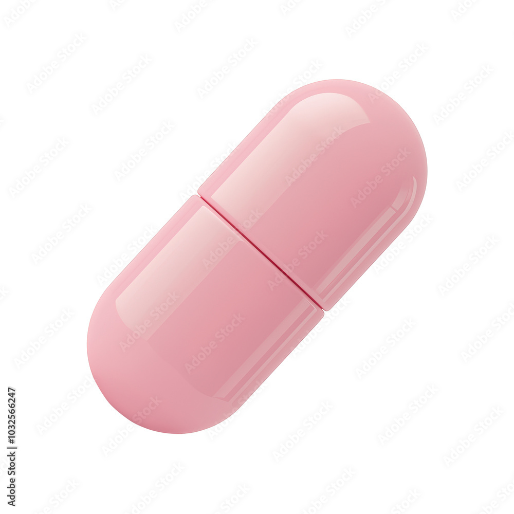 3D illustration of a pink capsule with a glossy finish, representing a medical or pharmaceutical pill. The capsule is split into two parts. Isolated on transparent background, png. 3D illustration of a pink capsule with a glossy finish, representing a medical or pharmaceutical pill. The capsule is split into two parts. Isolated on transparent background, png.