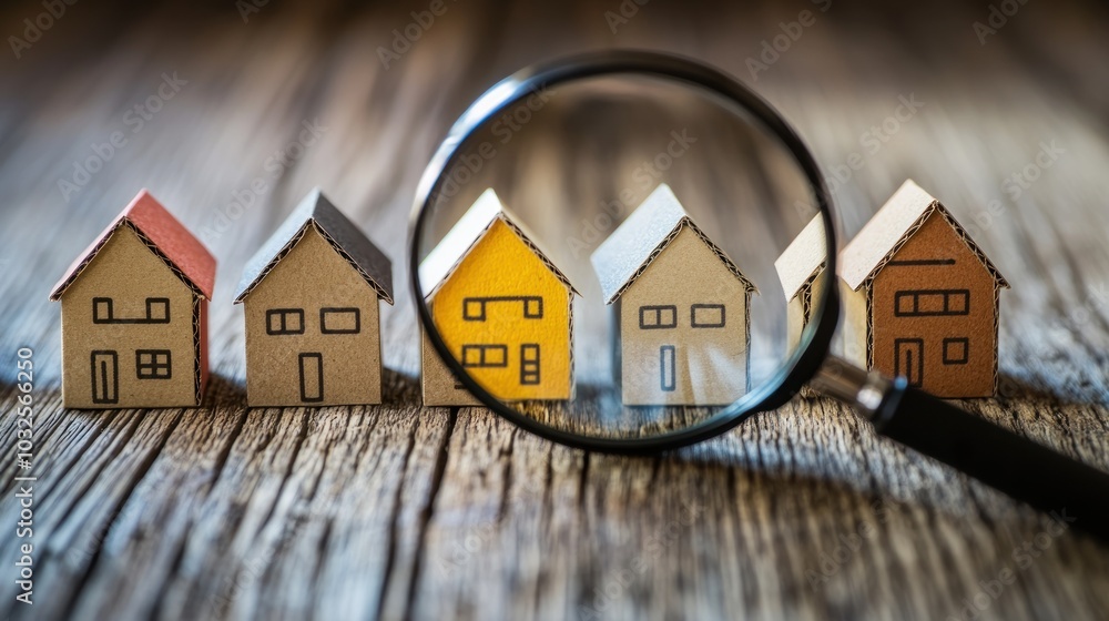 © stockagency - A magnifying glass focuses on colorful miniature houses on a wooden surface. © stockagency - A magnifying glass focuses on colorful miniature houses on a wooden surface.