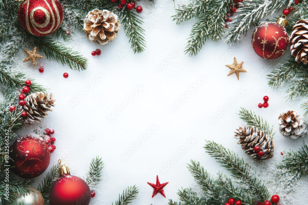 Christmas decorations on white background: red and gold ornaments, sparkling lights, and a plush Santa hat atop a wooden table, creating a festive holiday atmosphere. Christmas decorations on white background: red and gold ornaments, sparkling lights, and a plush Santa hat atop a wooden table, creating a festive holiday atmosphere.