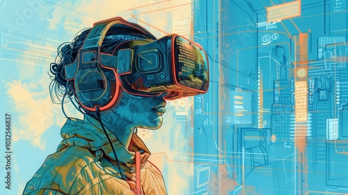 An individual explores a futuristic environment using a virtual reality headset in a vibrant, high-tech setting