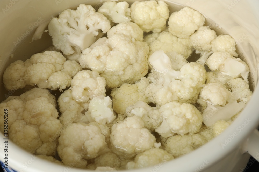 Cooking cauliflower. Florets in white pot with water, closeup Cooking cauliflower. Florets in white pot with water, closeup