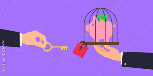 piggy bank in the locked cage and hand with key blocked money vector illustration