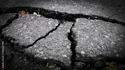 large cracks in asphalt heaved pavement road background texture
