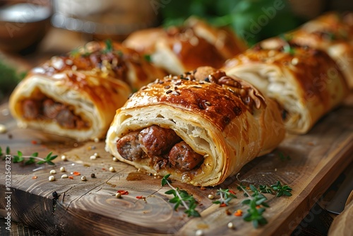 Savory Sausage Rolls Wrapped in Flaky Pastry on a Rustic Wooden Board