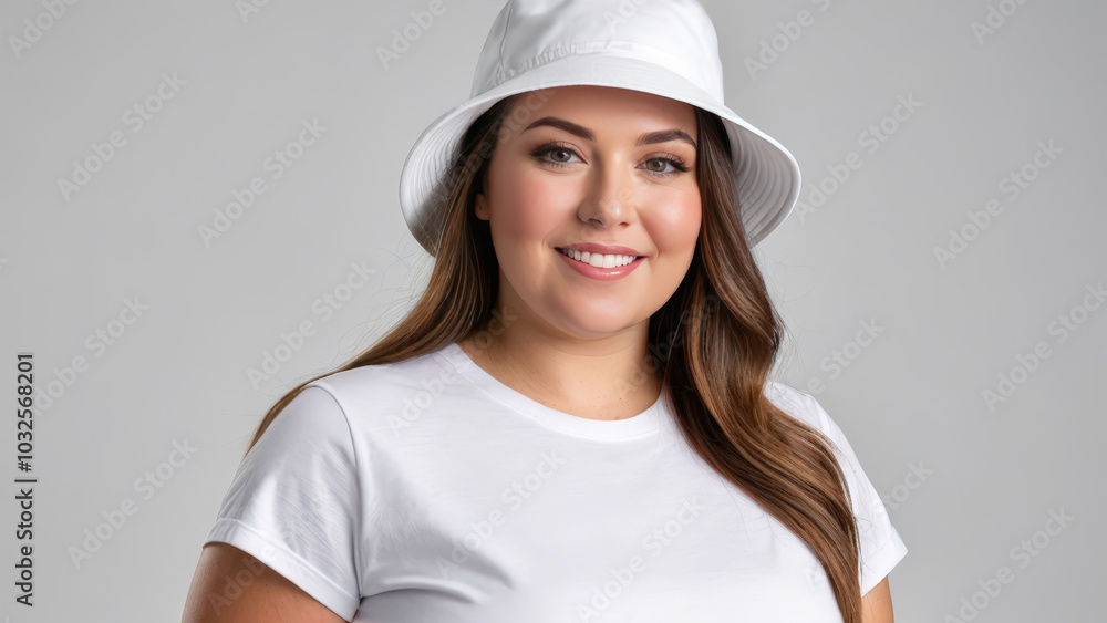 Plus size woman wearing white t-shirt and white bucket hat isolated on grey background Plus size woman wearing white t-shirt and white bucket hat isolated on grey background