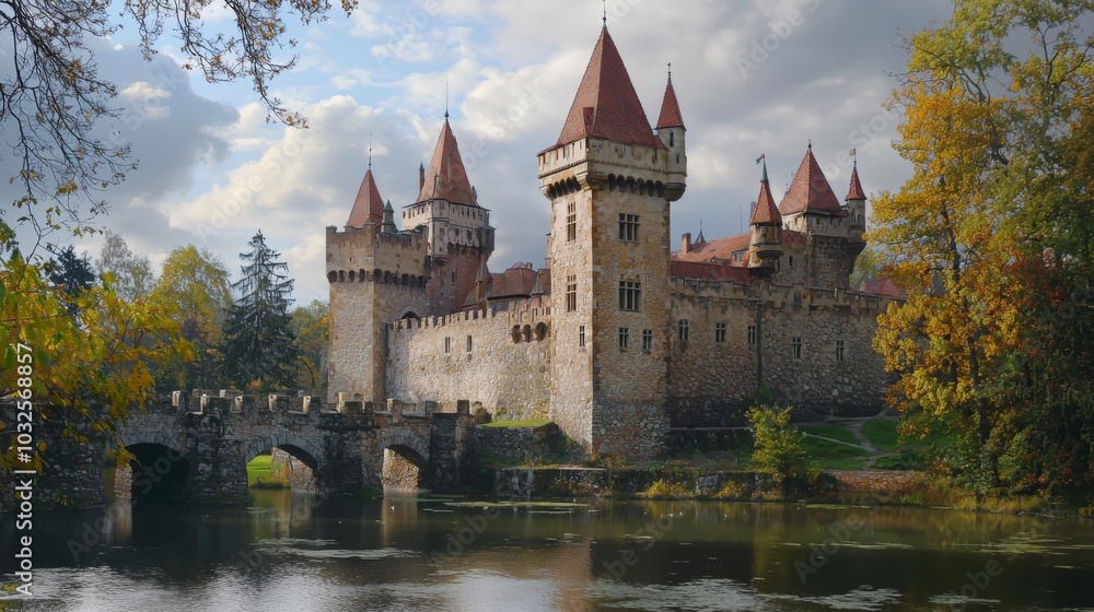 Well-preserved medieval castle with a moat, capturing the essence of history Well-preserved medieval castle with a moat, capturing the essence of history