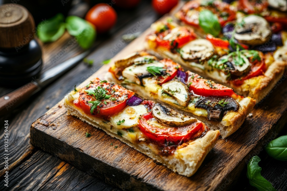 A close-up of a vegetarian pizza with mushroom, tomatoes, and cheese on a wooden board. A close-up of a vegetarian pizza with mushroom, tomatoes, and cheese on a wooden board.