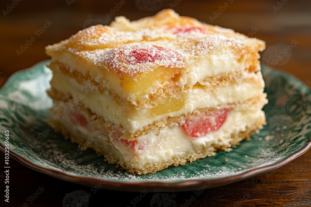 A close-up shot of a delicious layered cake, with layers of pastry, whipped cream, and fruit, sprinkled with powdered sugar. A close-up shot of a delicious layered cake, with layers of pastry, whipped cream, and fruit, sprinkled with powdered sugar.