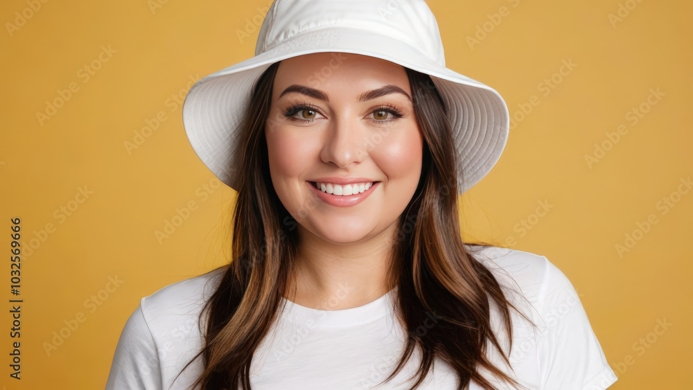Plus size woman wearing white t-shirt and white bucket hat isolated on yellow background Plus size woman wearing white t-shirt and white bucket hat isolated on yellow background