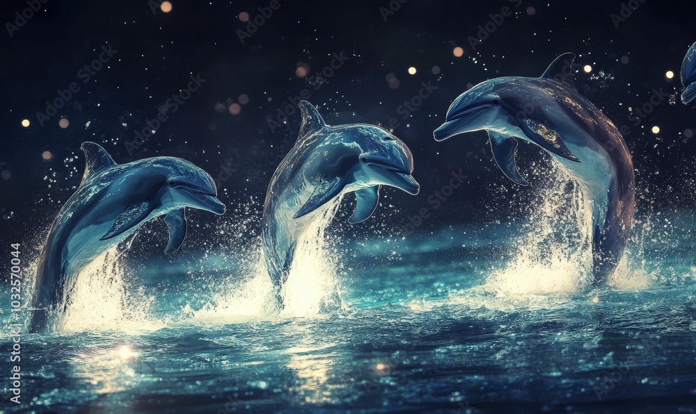 Obraz premium Three dolphins leaping in the ocean at night.
