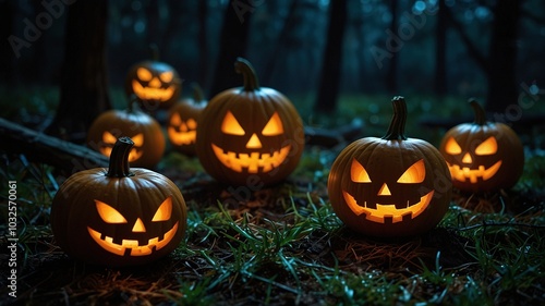 Wallpaper Mural A magical Halloween festival unfolds as carved pumpkin jack-o-lanterns illuminate a shadowy forest, surrounded by whimsical small pumpkins glowing under the starry night sky. Torontodigital.ca