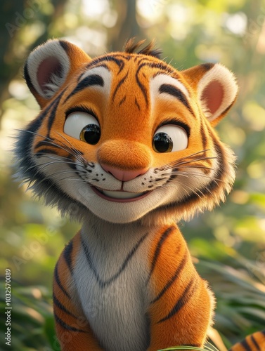 Whimsical Tiger in the Wild: Cartoon Character Microstock Image