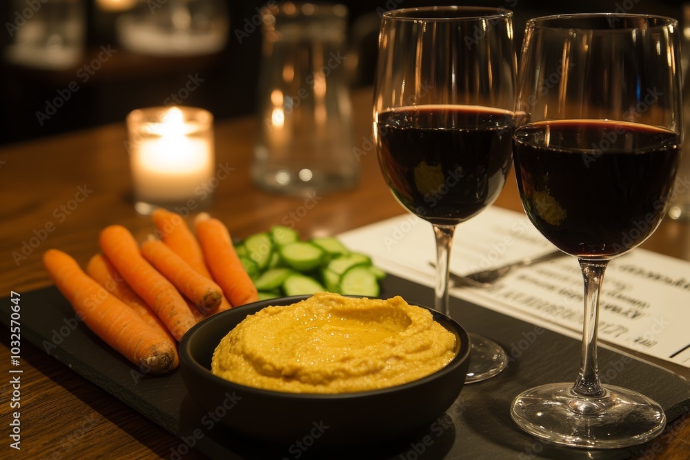 A close-up of a table setting with two glasses of red wine, a bowl of hummus, carrots, and cucumbers. A close-up of a table setting with two glasses of red wine, a bowl of hummus, carrots, and cucumbers.