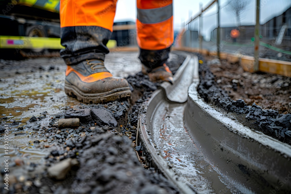 Construction Worker Pouring Concrete in a Wet Environment Construction Worker Pouring Concrete in a Wet Environment