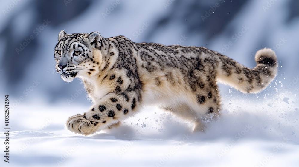 Fototapeta premium A majestic snow leopard runs gracefully through a snowy landscape.
