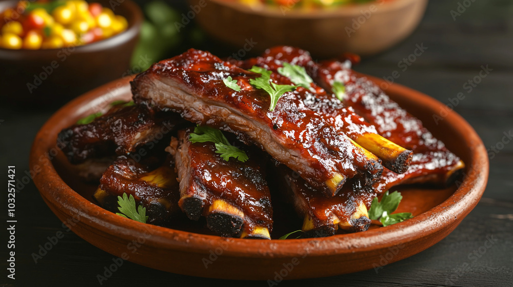 Delicious BBQ Ribs with Parsley Garnish on Rustic Plate Delicious BBQ Ribs with Parsley Garnish on Rustic Plate