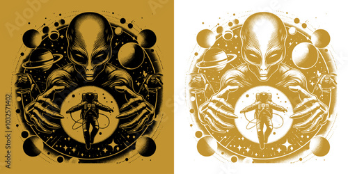 a planet with scary alien and astronaut