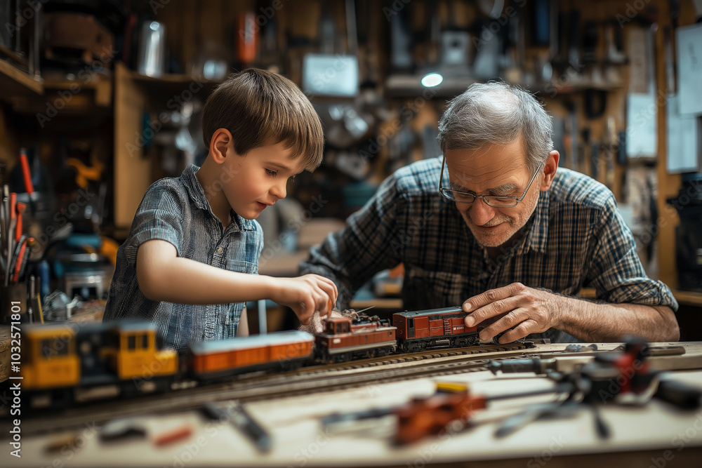 Grandfather and grandson working on a model train set together in a workshop filled with tools. Grandfather and grandson working on a model train set together in a workshop filled with tools.