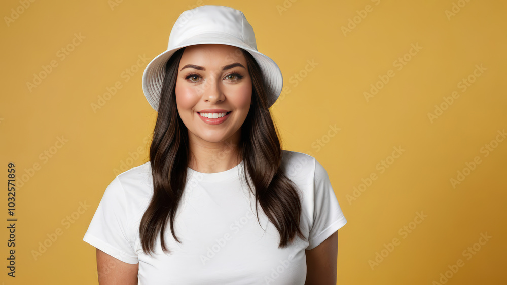 Plus size woman wearing white t-shirt and white bucket hat isolated on yellow background Plus size woman wearing white t-shirt and white bucket hat isolated on yellow background