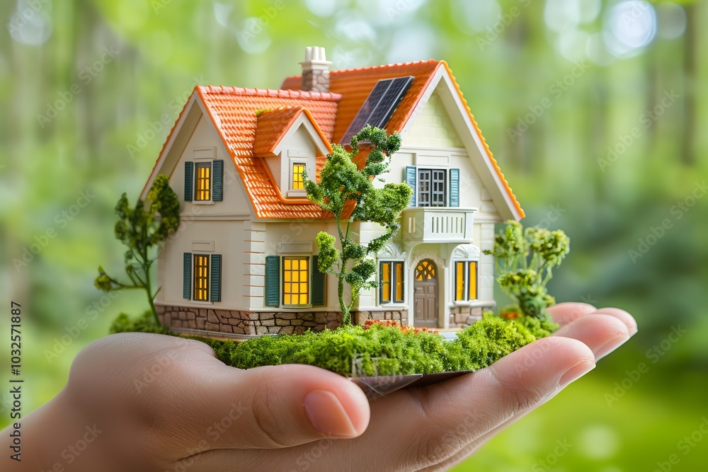 A Hand-Held Model of a Charming Eco-Friendly House Surrounded by Lush Greenery A Hand-Held Model of a Charming Eco-Friendly House Surrounded by Lush Greenery