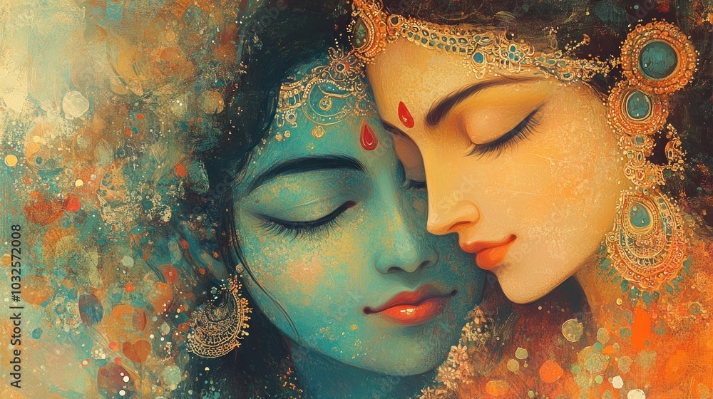 A vibrant artwork depicting two ethereal figures in close embrace, symbolizing love and unity. A vibrant artwork depicting two ethereal figures in close embrace, symbolizing love and unity.