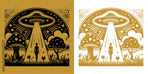 ufo abduction scene vintage design