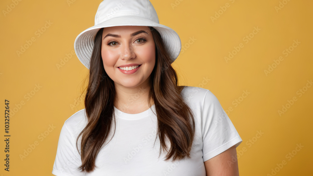 Plus size woman wearing white t-shirt and white bucket hat isolated on yellow background Plus size woman wearing white t-shirt and white bucket hat isolated on yellow background