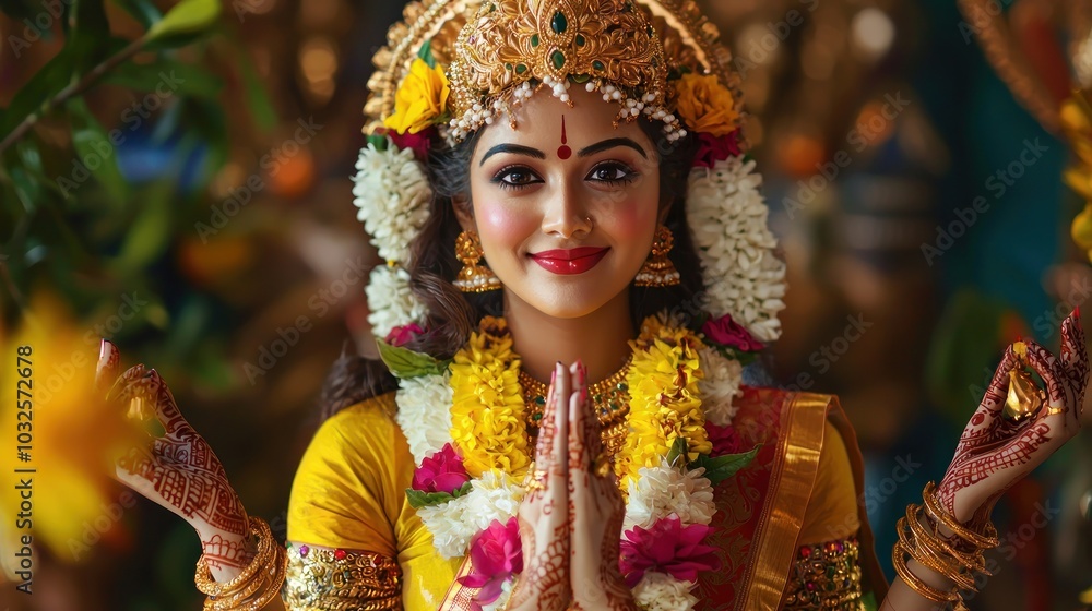 Goddess Laxmi portrait LAKSHMI Beautiful Hindu goddess with golden lotus and colorful flower garlands, holy face with happy smile, wearing yellow dress with red border on chest, full body with detaile Goddess Laxmi portrait LAKSHMI Beautiful Hindu goddess with golden lotus and colorful flower garlands, holy face with happy smile, wearing yellow dress with red border on chest, full body with detaile