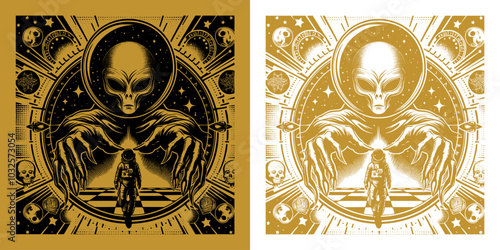 a scary alien with a astronaut vintage